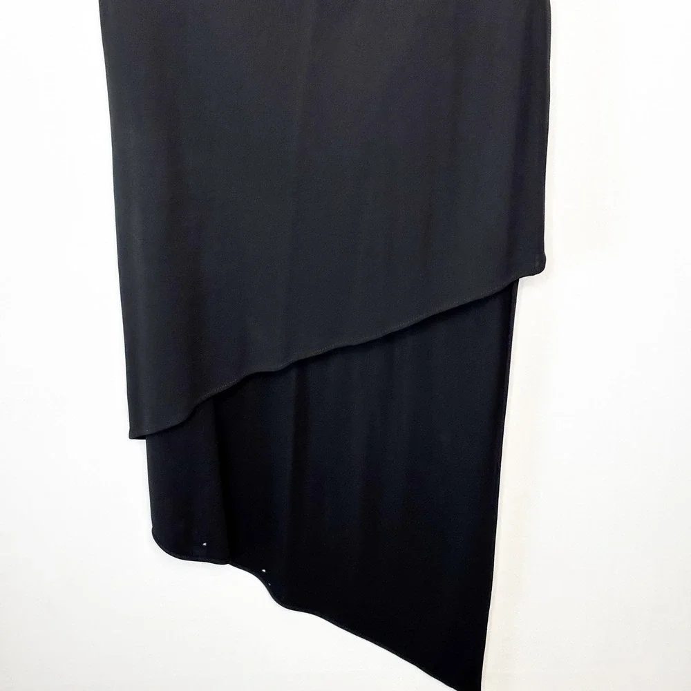 90s Cache Rolled One Shoulder Asymmetrical Hem Draped Midi Dress Black Size M - Picture 6 of 10